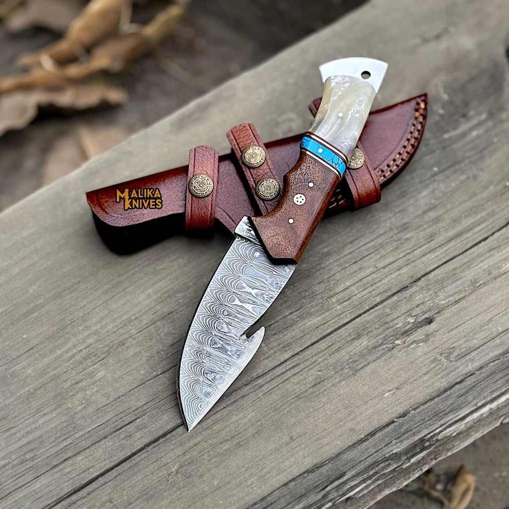 Damascus Gut Hook Hunting Knife with Wood Handle & Sheath