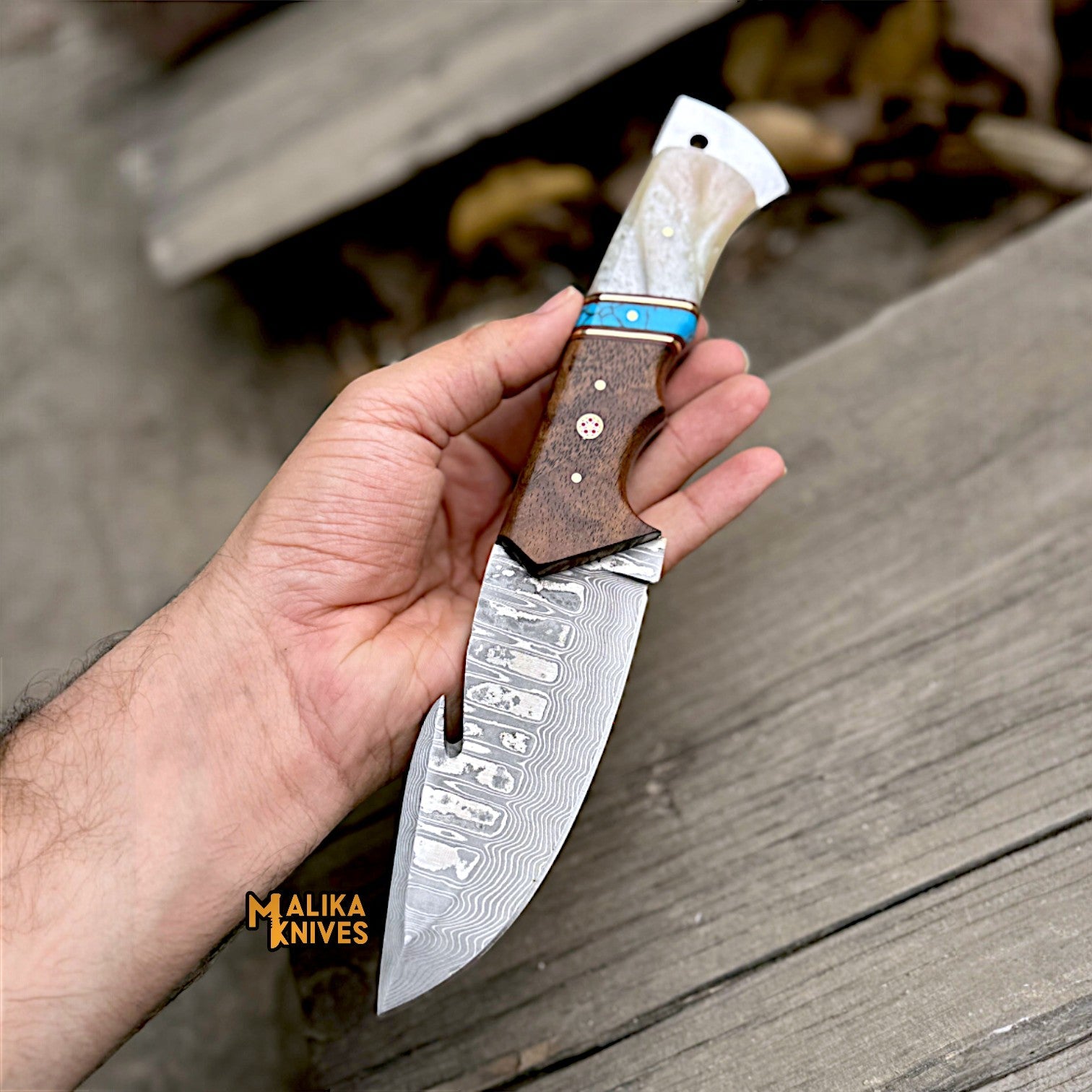 Damascus Gut Hook Hunting Knife with Wood Handle & Sheath