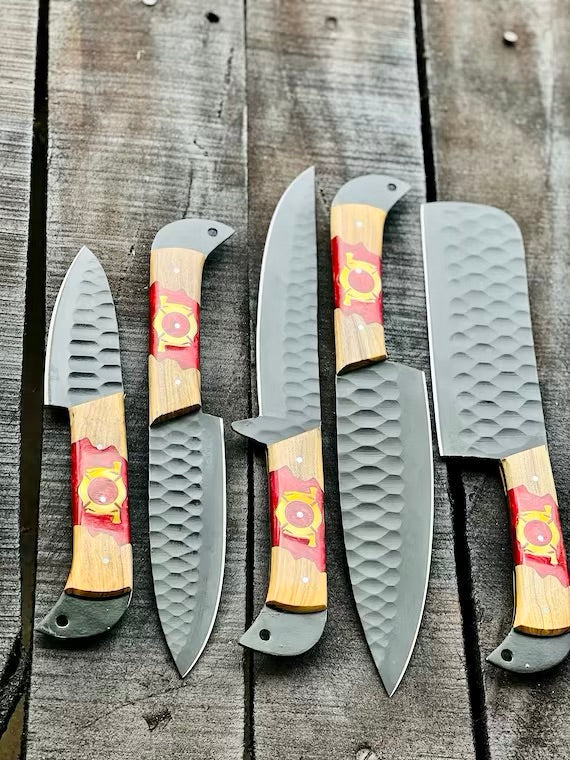 Stainless Steel Knife Set – 13" Forged Blades with Olivewood & Epoxy Resin Handles