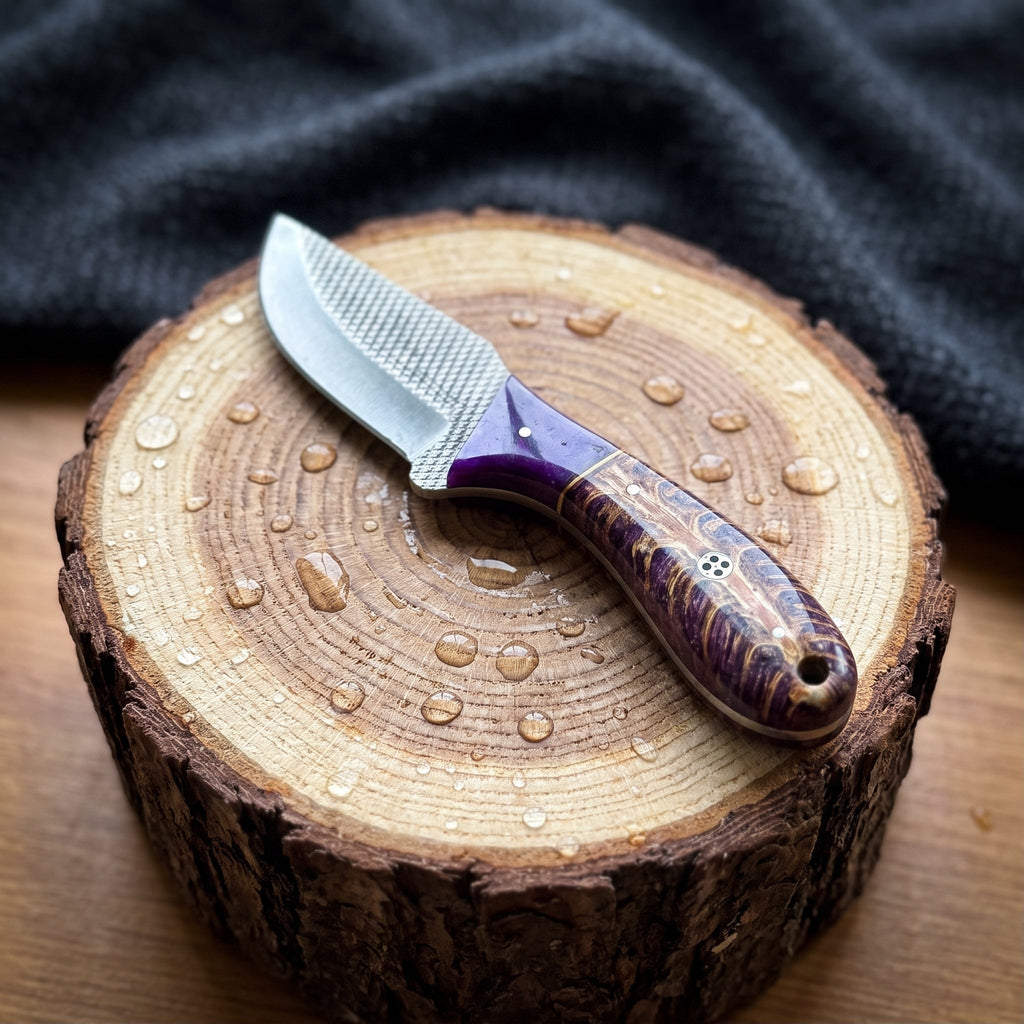 Titan "Violet Burl" Skinner | High Carbon RASP Steel Blade, Burl Wood Handle TIK-003