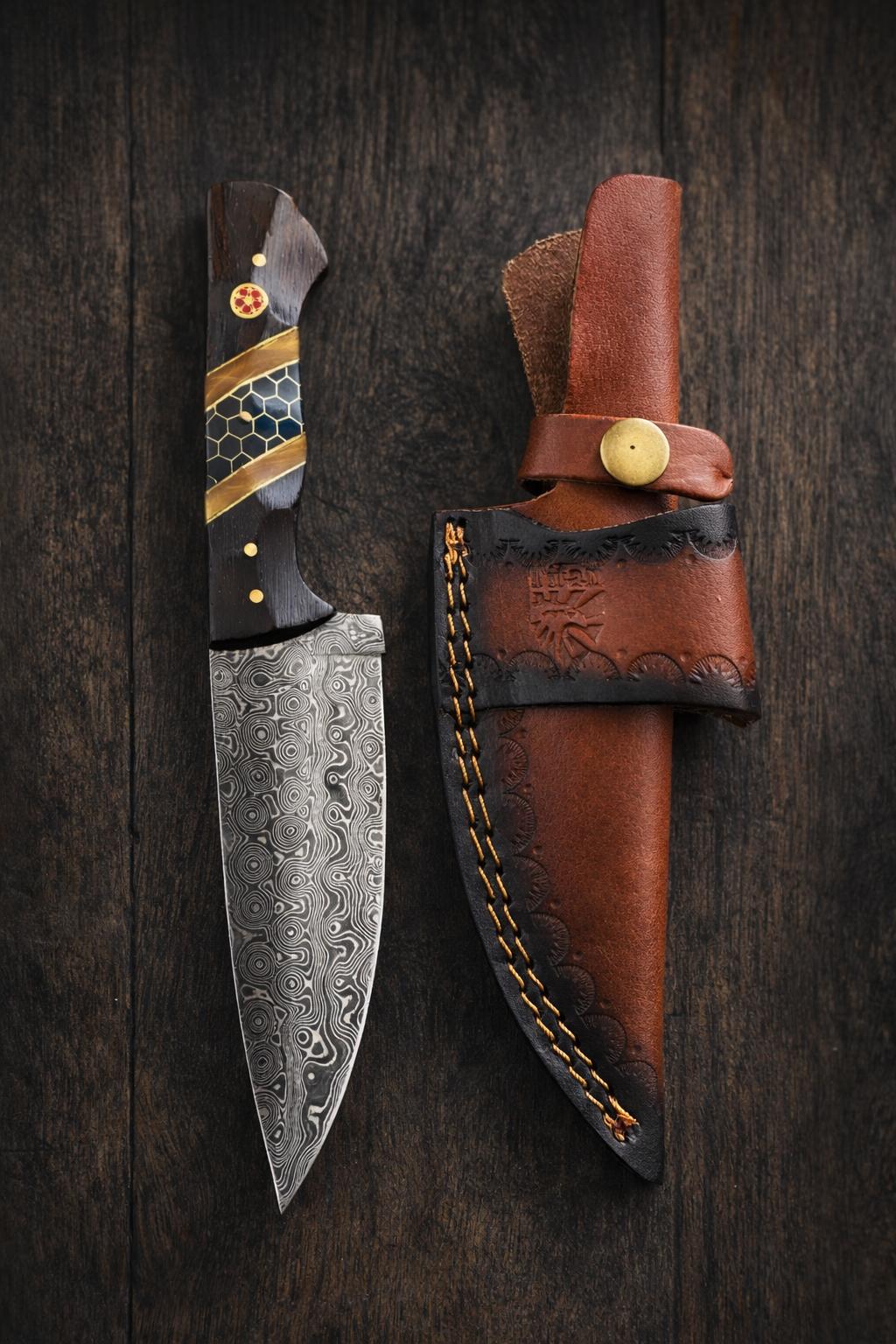 Hand-forged Damascus steel drop point outdoor knife with diamond wood and black honeycomb resin handle, leather sheath by Titan International K.