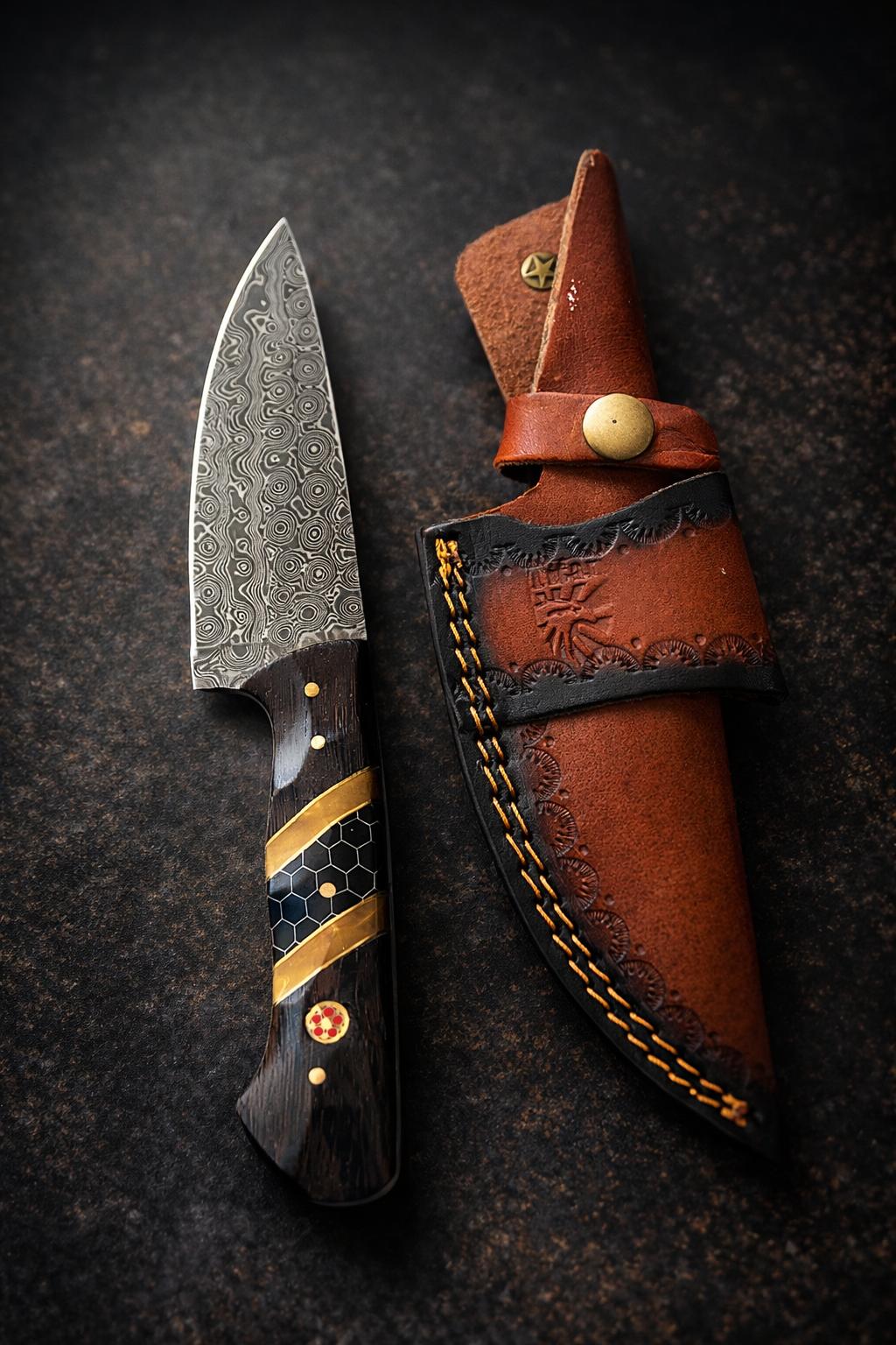 Hand-forged Damascus steel outdoor knife with diamond wood and black honeycomb resin handle, includes leather sheath.