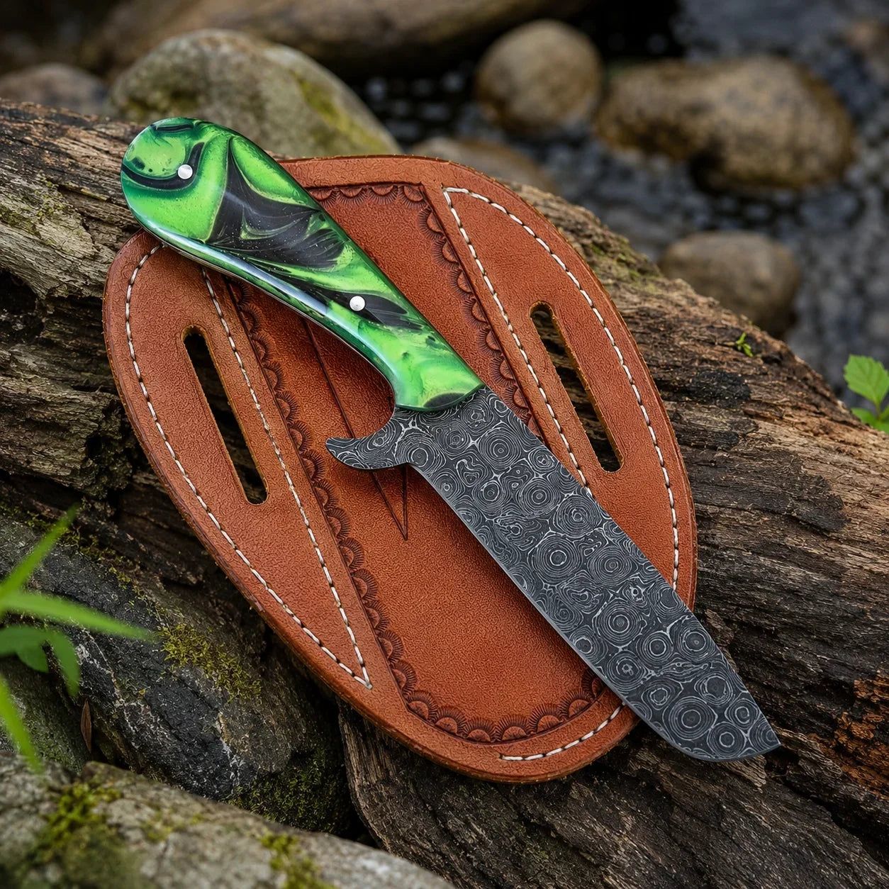 The Flash Flood – Custom Handmade Raindrop Pattern Damascus Steel Bull Cutter Knife with Epoxy Resin Handle & Leather Sheath