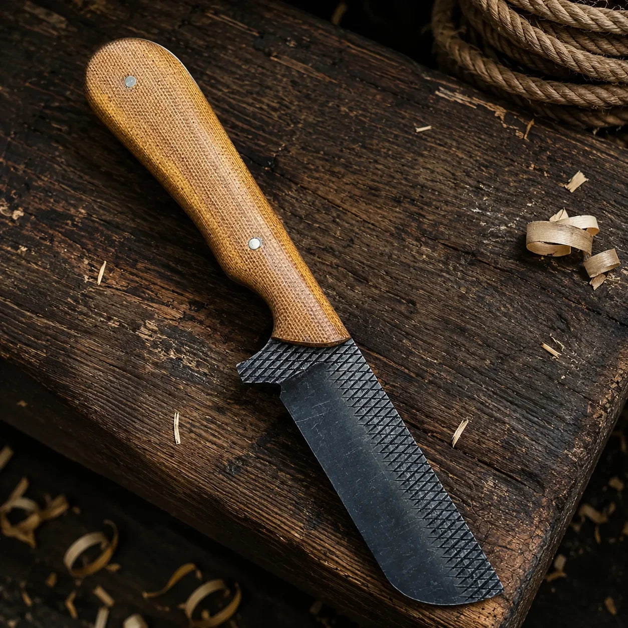 The Ironhorse – Custom Handmade Old Farrier Horse Rasp Steel Bull Cutter Knife with Brown Micarta Handle & Leather Sheath