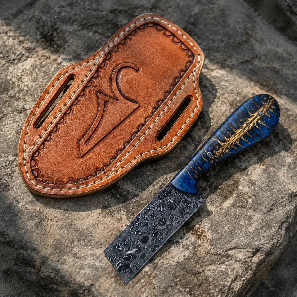 The Midnight Rider – Custom Handmade Damascus Steel Bull Cutter Ranch Knife with Blue Epoxy Pine Cone Resin Handle
