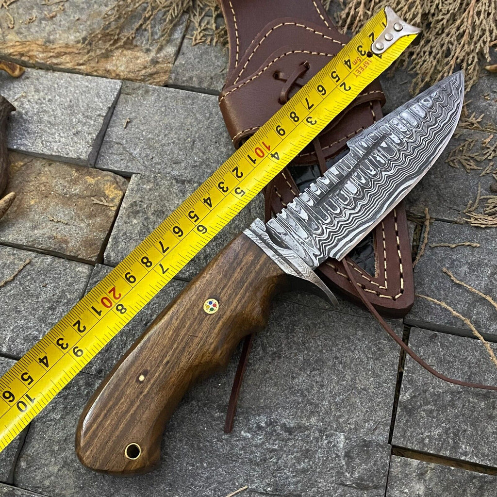 Best Hunting Knife with Custom Handmade Damascus Steel Blade, Damascus Steel Guard & Rosewood Handle – Includes Leather Sheath