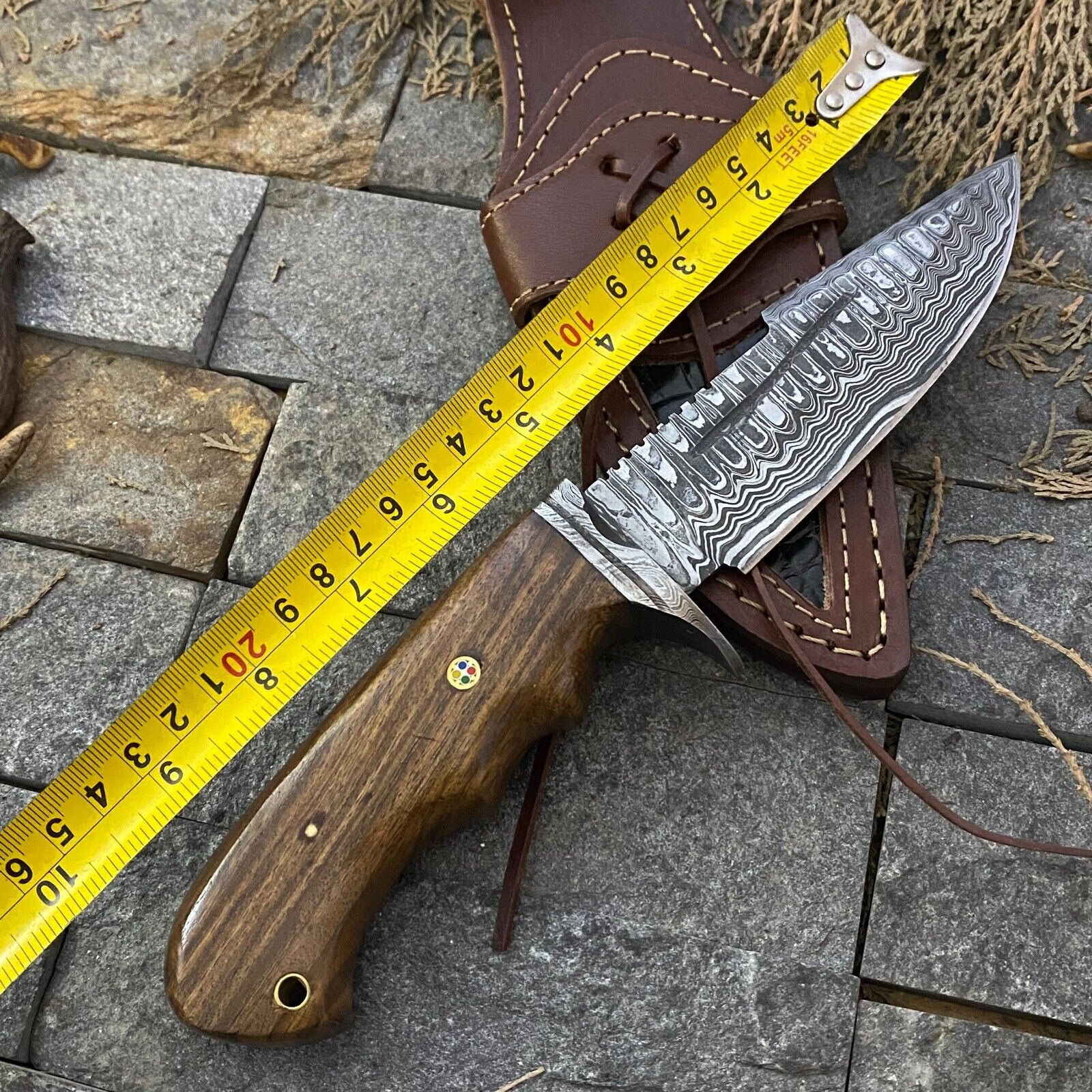 Best Hunting Knife with Custom Handmade Damascus Steel Blade, Damascus Steel Guard & Rosewood Handle – Includes Leather Sheath