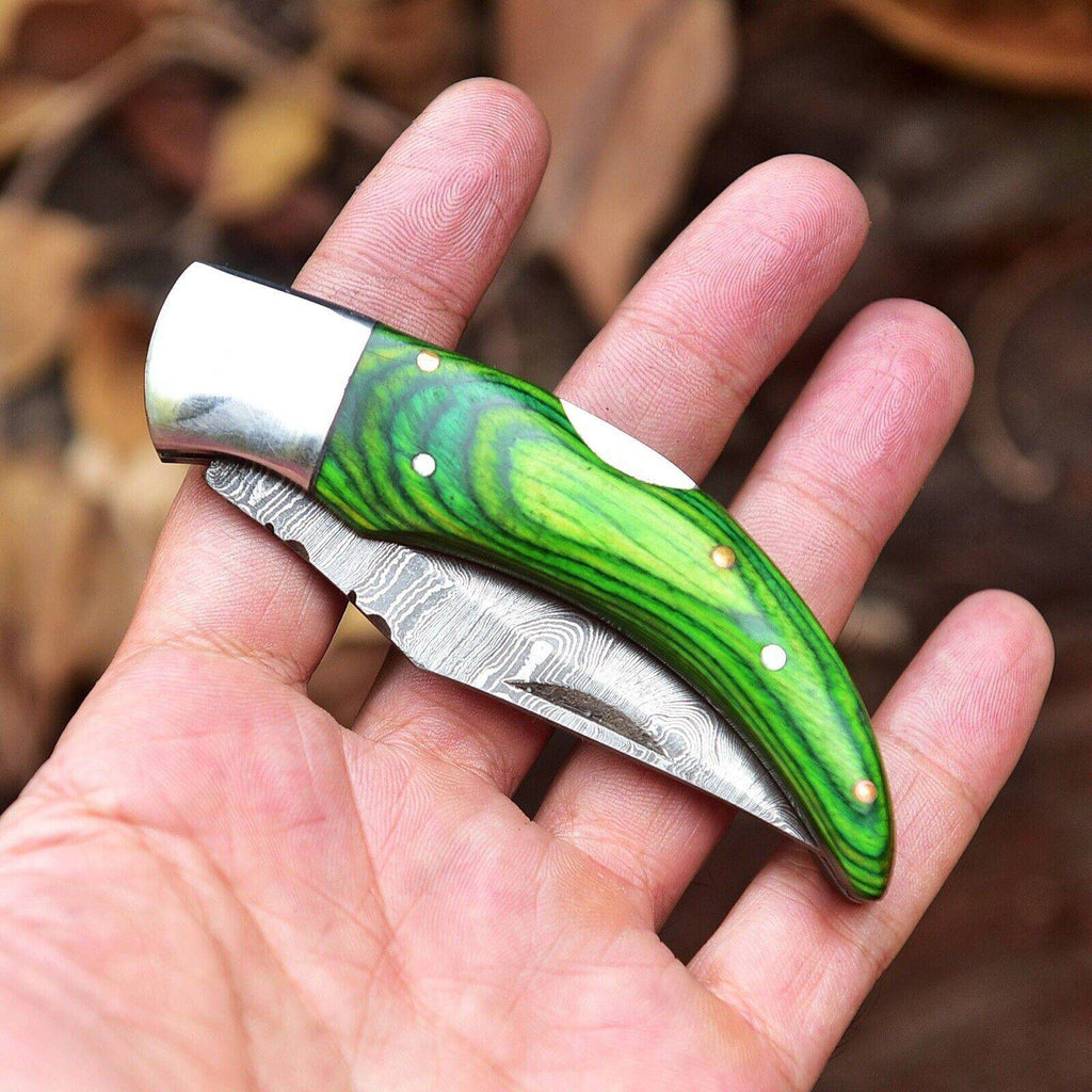 High-quality 4-inch Damascus folding pocket knife with rosewood handle and leather belt loop case for everyday carry.