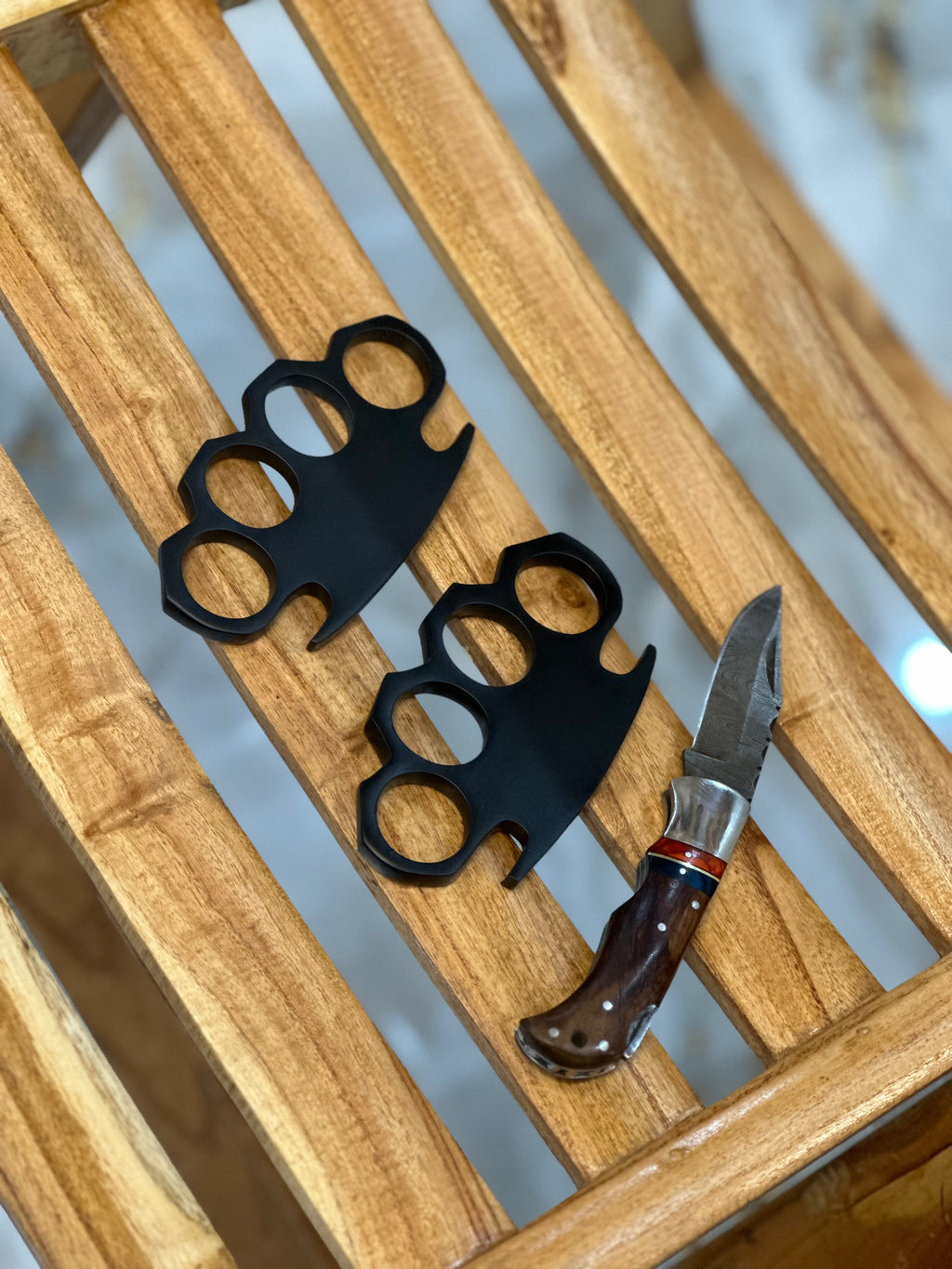 Custom Handmade Black Steel Knuckle with Pocket Knife and Belt Loop Leather Case - Solid Brass Self-Defense Duster for Everyday Carry
