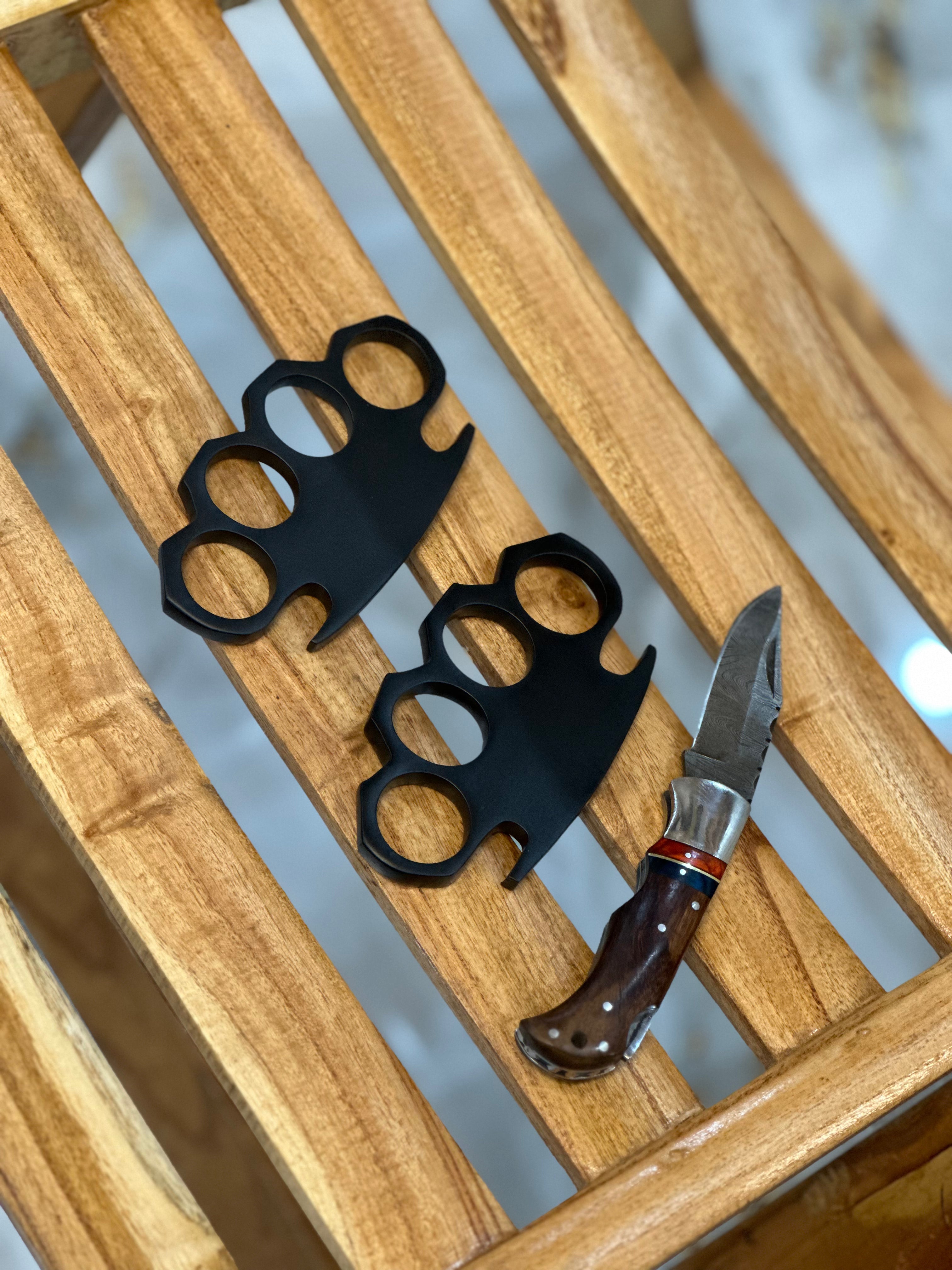 Custom Handmade Black Steel Knuckle with Pocket Knife and Belt Loop Leather Case - Solid Brass Self-Defense Duster for Everyday Carry