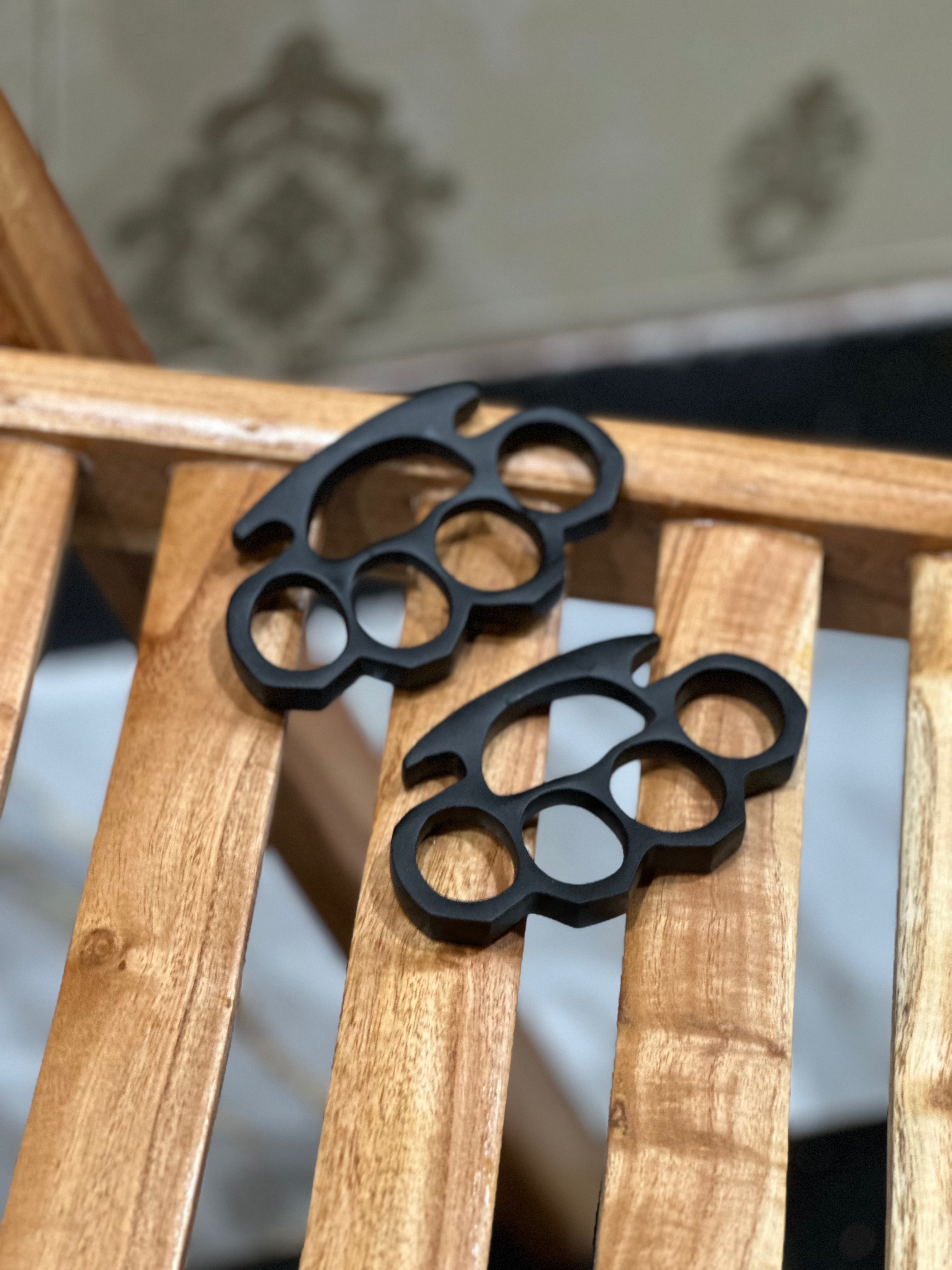 Custom Handmade Black Steel Knuckle Duster with Belt Loop Leather Case - Solid Brass Construction