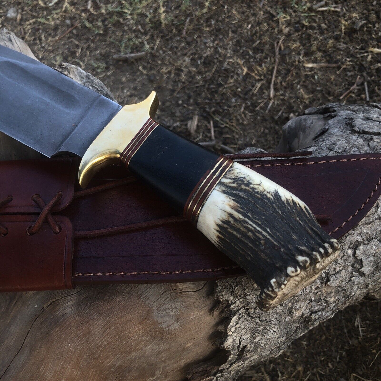 Custom Handmade J2 Steel Hunting Knife with Stag Crown and Pakkawood Handle, Brass Guard – 16" Length, Includes Leather Sheath