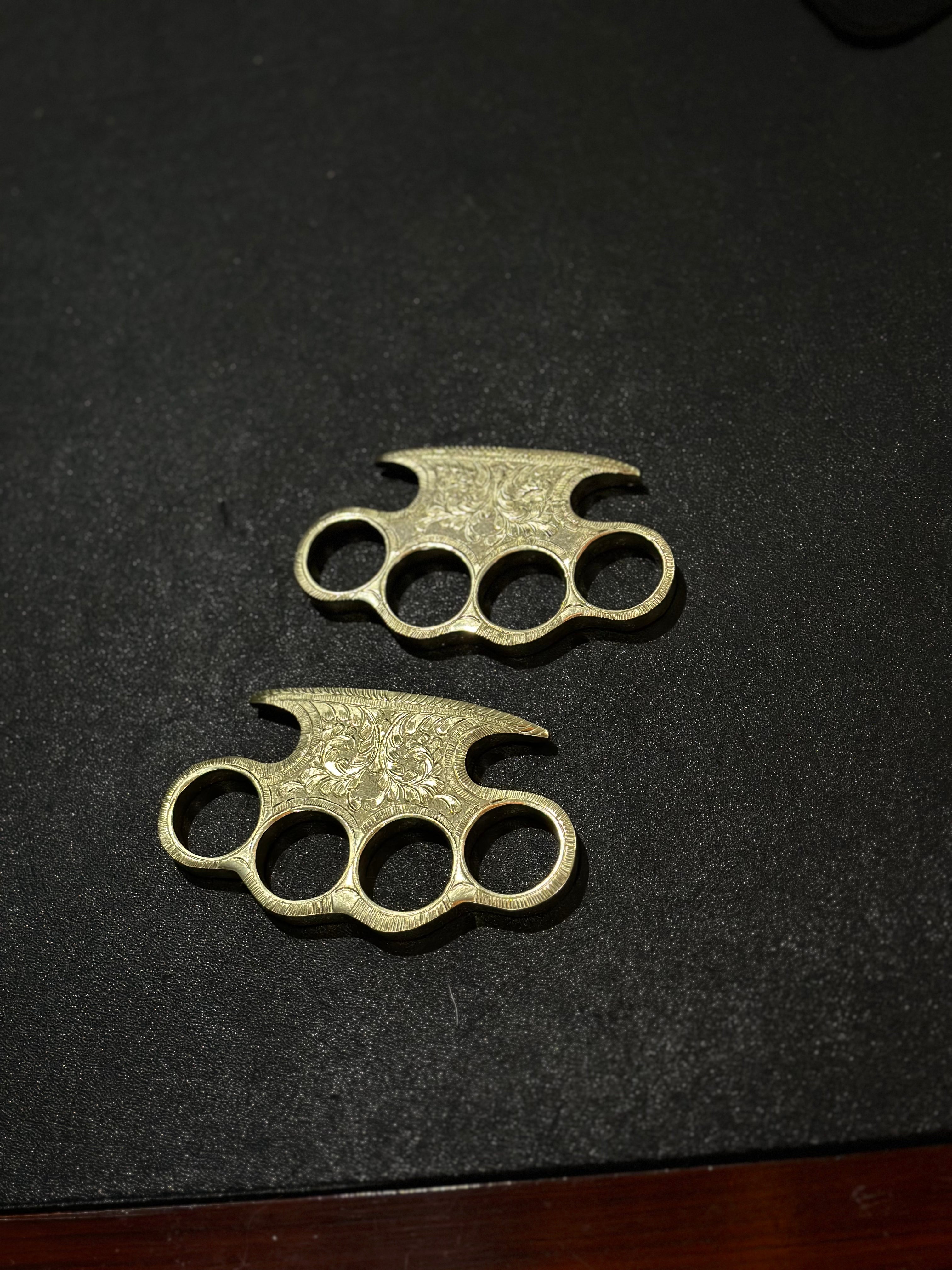 Custom Handmade Brass Engraved Knuckle with Belt Loop Leather Case - Solid Brass Self-Defense Duster