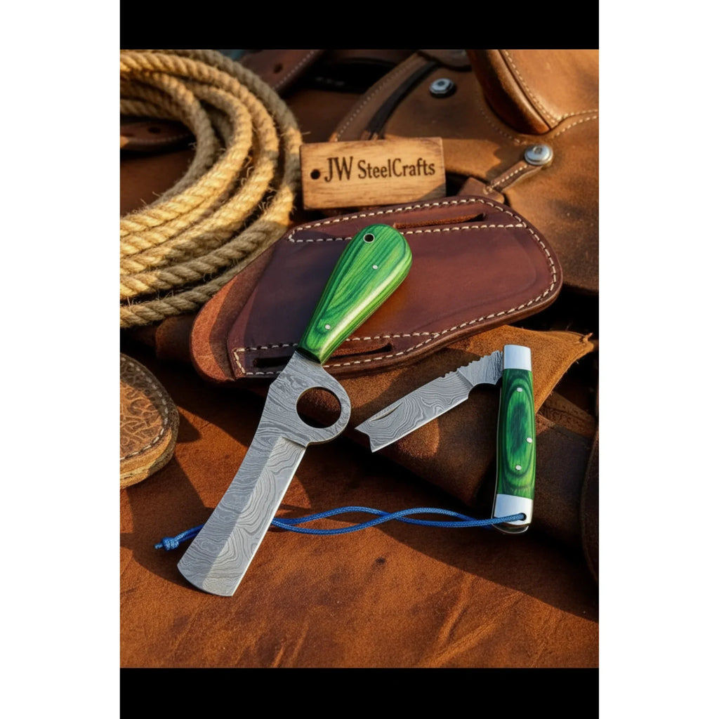 Ring Fang Bull Cutter Knife 7" Handmade Damascus Green Resin Handle