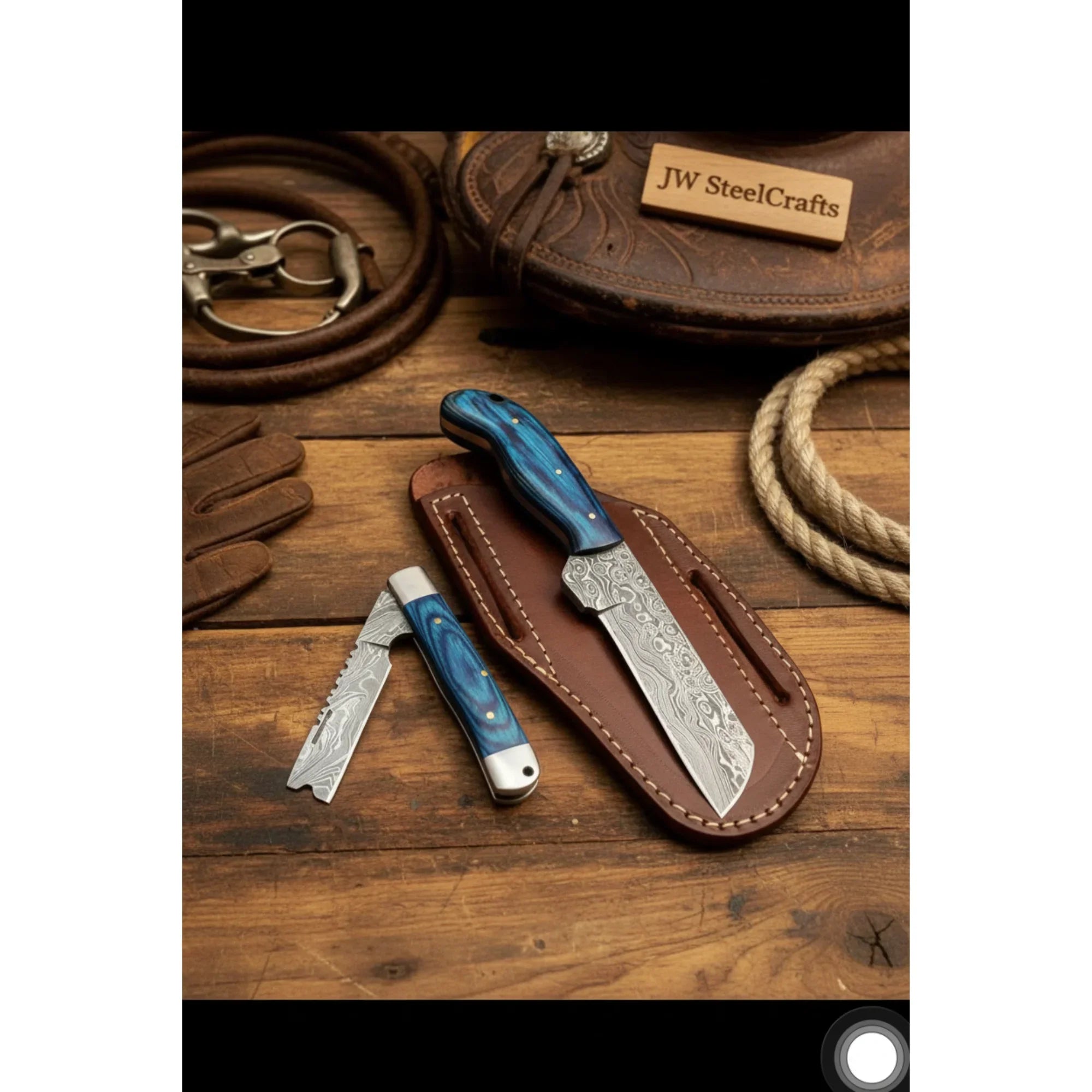 Pocket Forge Cleaver Knife 8.5" Premium Damascus with Blue Resin Handle