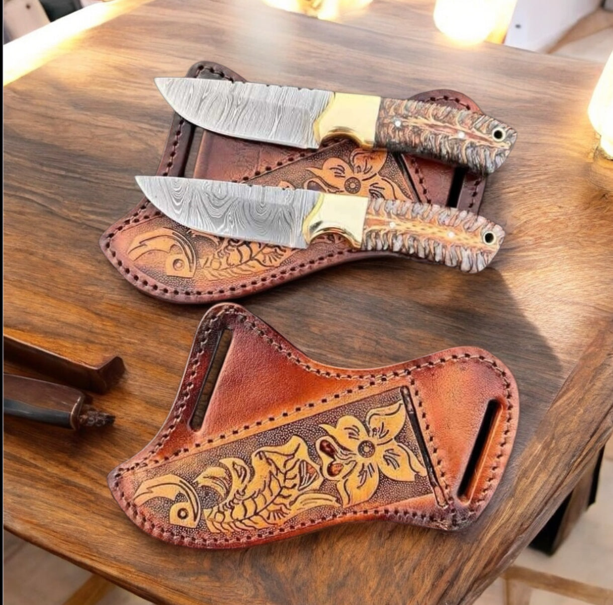 Western Cowboy Knife – Handmade Damascus Steel Blade with Pine Cone Resin & Brass Handle, 9" with Leather Sheath