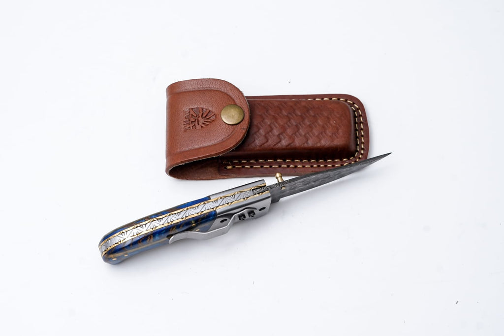 Hand-Engraved Folding Knife with Leather Sheath – Damascus-Inspired Detailing - TF-092