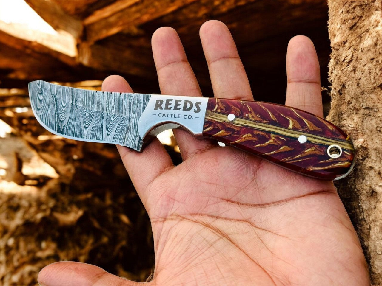 Cowboy Knife 3.25" Damascus Blade with Red Pine Cone Resin Handle