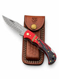 Crimson Ember Damascus Folding Knife with Leather Sheath TKT-22