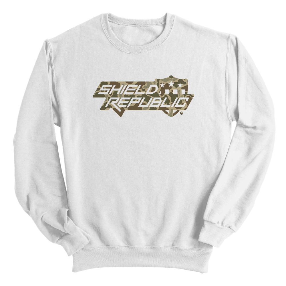 Shield Republic Duck Camo Stacked Logo - White Sweatshirt | Relic & Reel