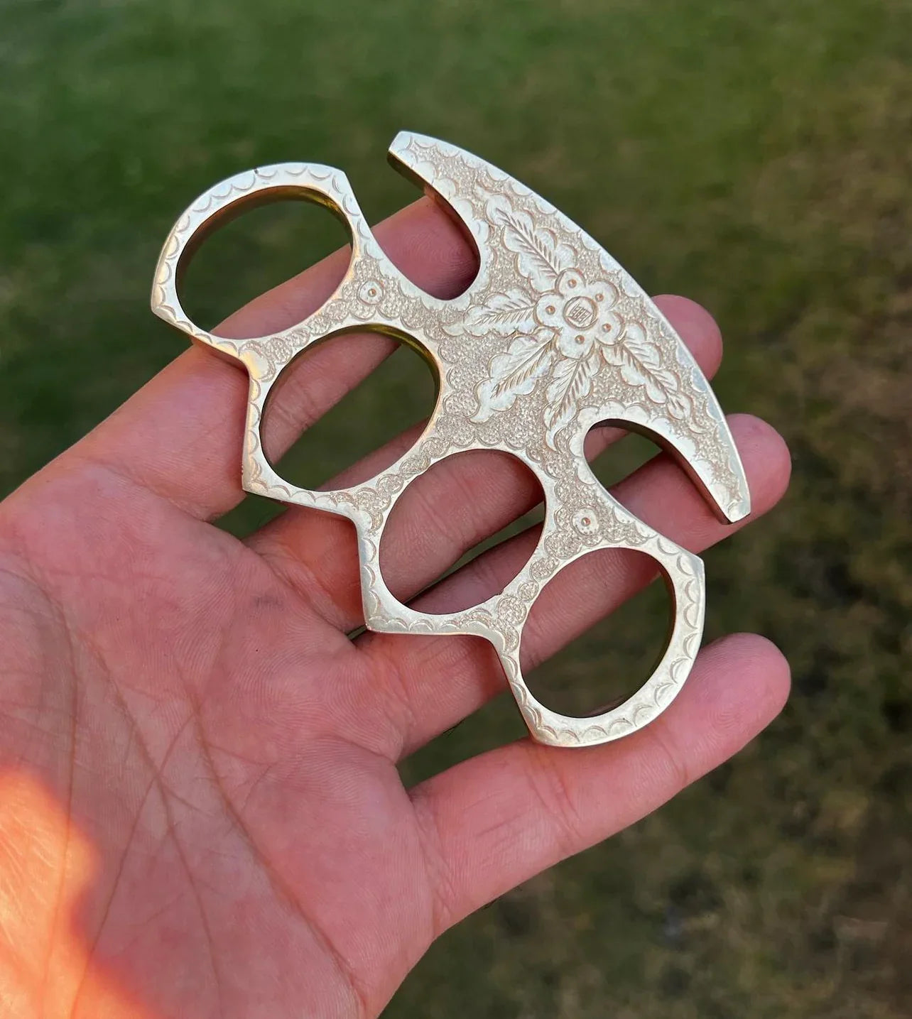 Engraved Brass Knuckles by Woody Knuckles – Solid Brass with Belt Loop Leather Case