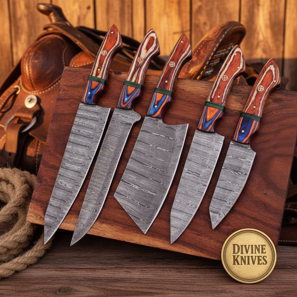 Crimson Vortex Chef Knife Set with 5 Forged Damascus Blades
