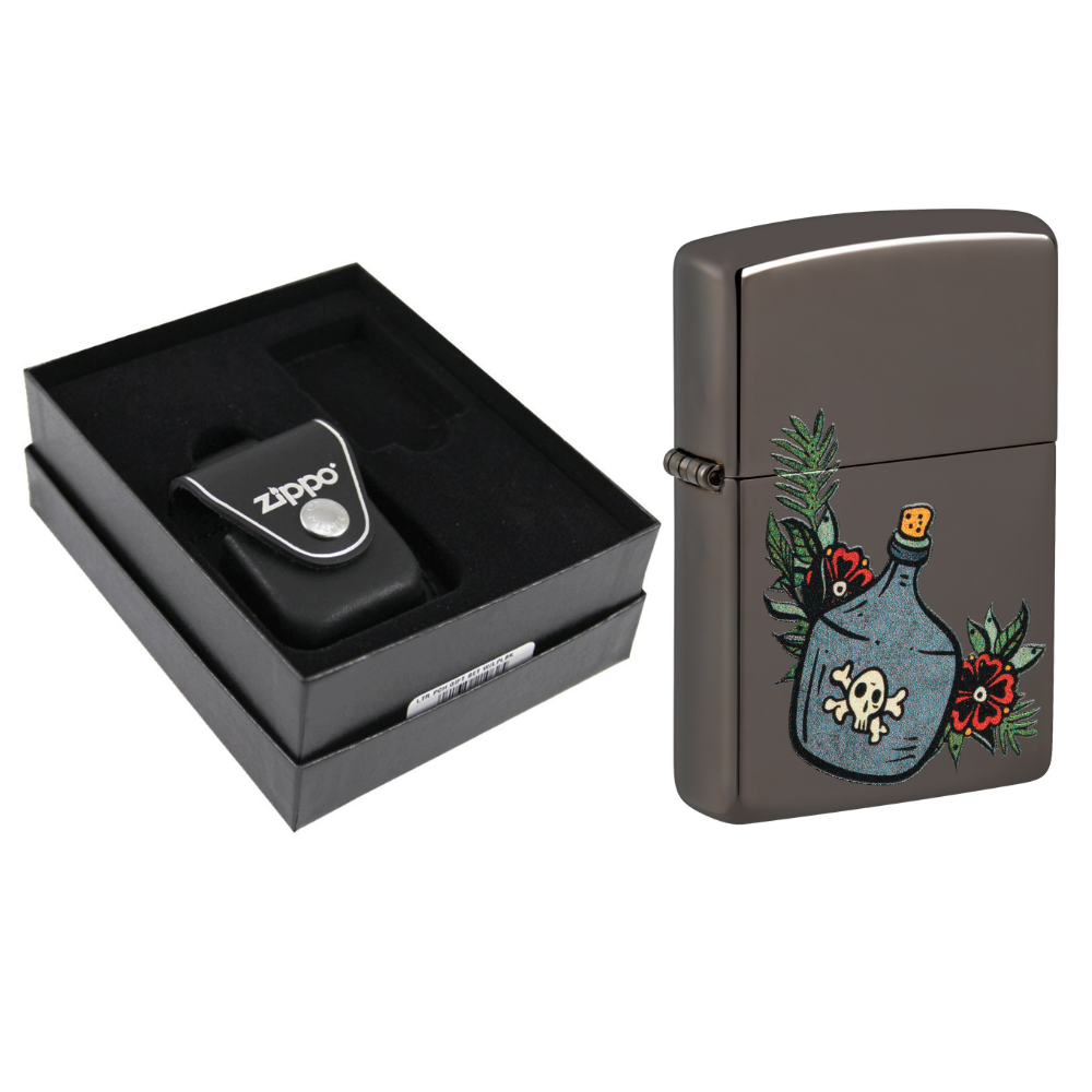 Zippo Poison & Roses Black Ice & Leather Pouch Gift Set #LPGS-LPLBK-48409