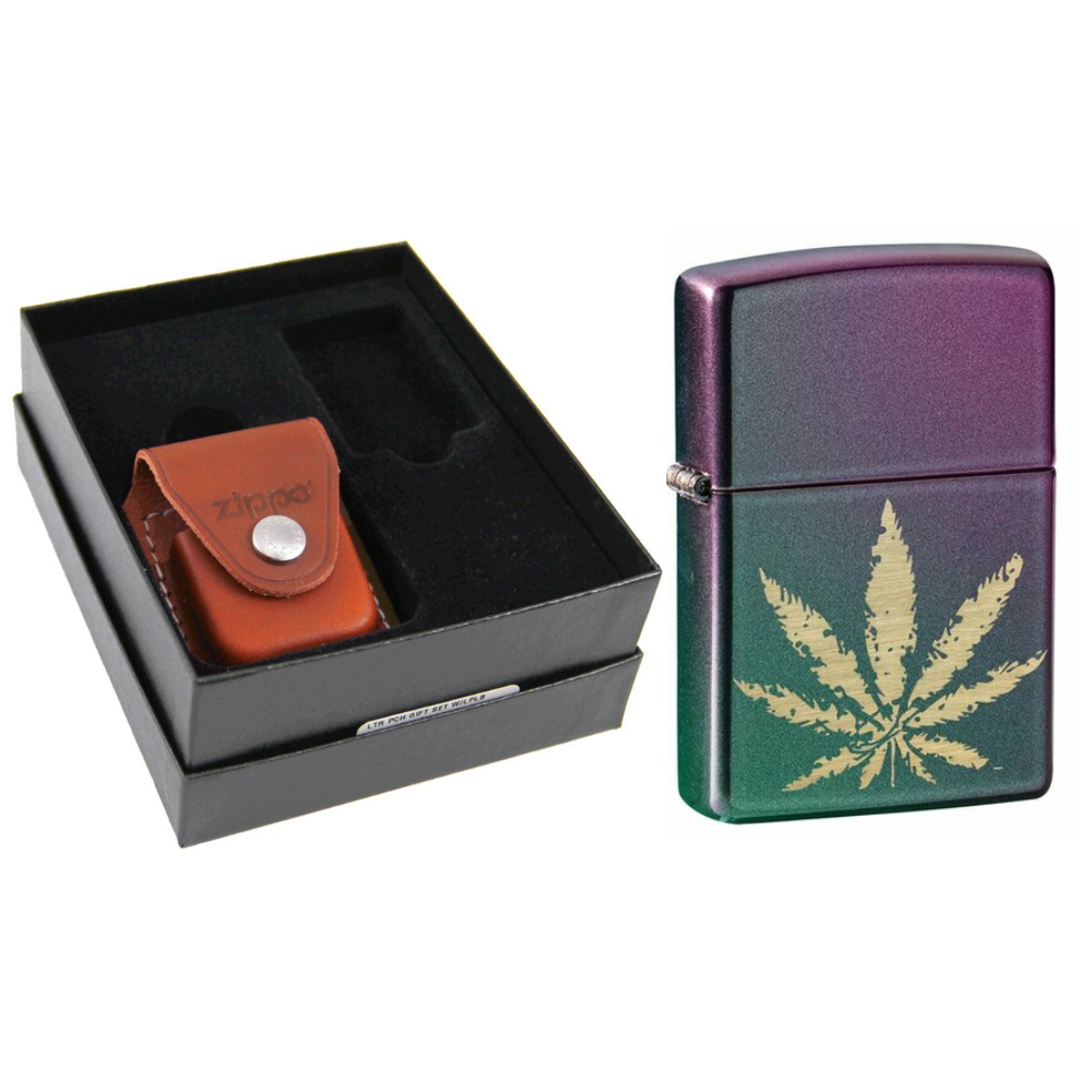 Zippo Iridescent Cannabis & Leather Pouch Gift Set #LPGS-LPLB-49185