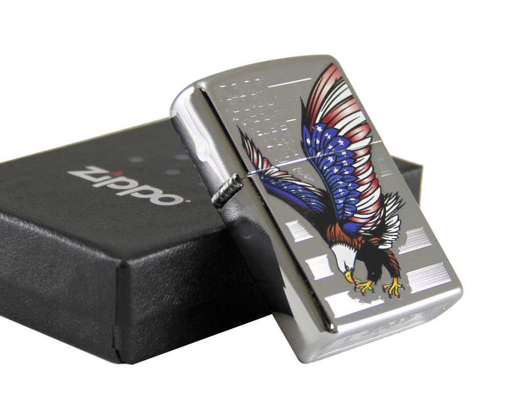 Zippo American Flag Eagle, High Polish Chrome Lighter #28449