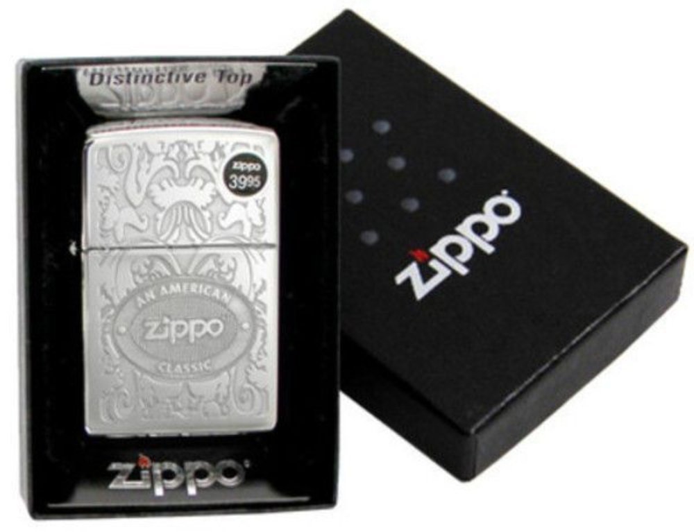 Zippo Logo Crown Stamp Filigree, High Polish Chrome Lighter #24751