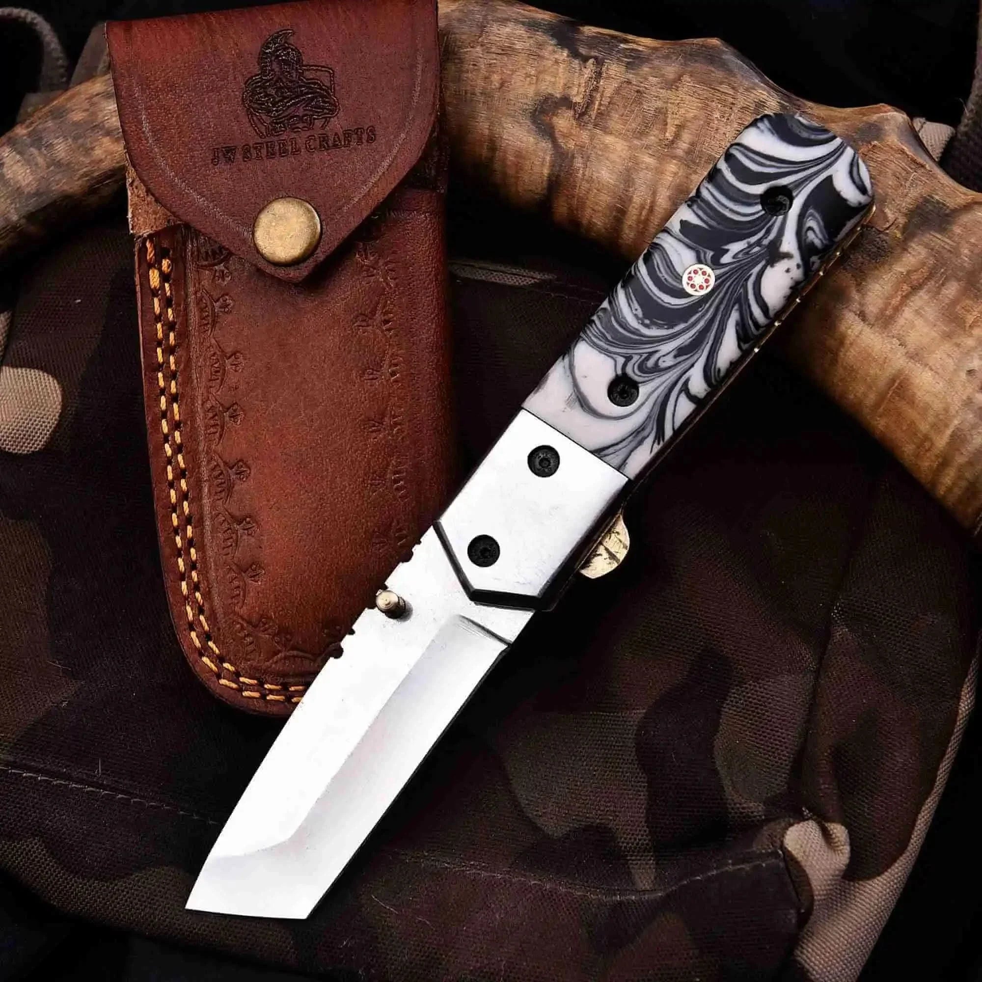 Hand-Forged Marble Resin Pocket Knife With Stainless Steel Blade