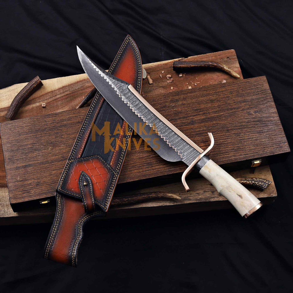 Copper Damascus Alamo Musso Bowie Knife with wooden presentation box, featuring a detailed blade and handle by MALIKA KNIVES.