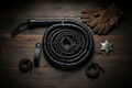 Black Cowhide Stock Whip – Hand-Braided Leather Ranch Whip