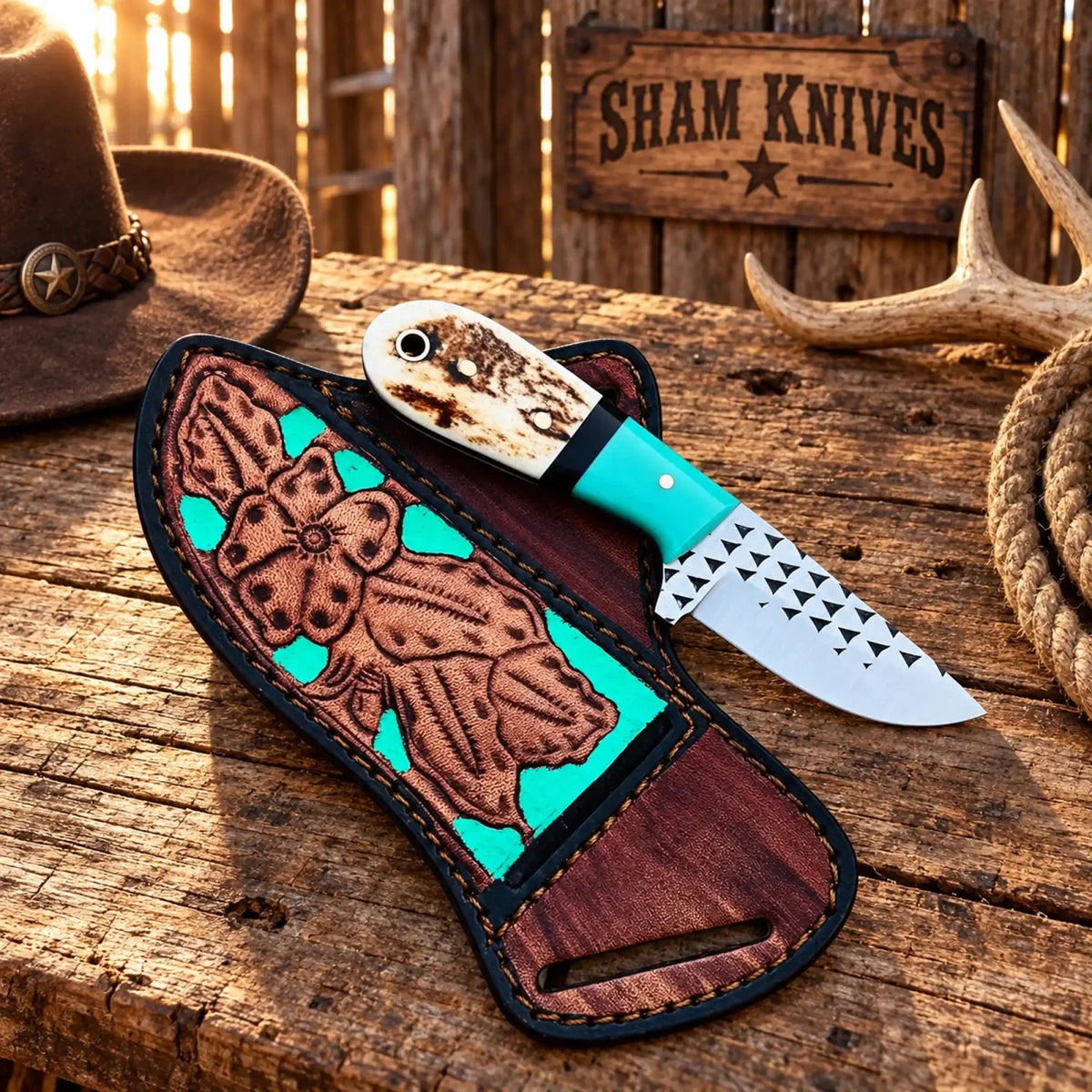 All-Season Mini Skinning Knife - Rasp Steel, Antler & Turquoise outdoor fixed blade knife | Relic & Reel