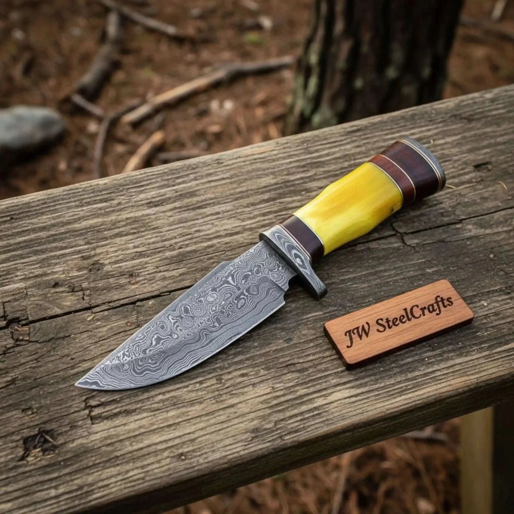 Frontier Clip Point Bowie Knife, Forged Damascus Steel with Colored Bone & Wood Spacer Handle
