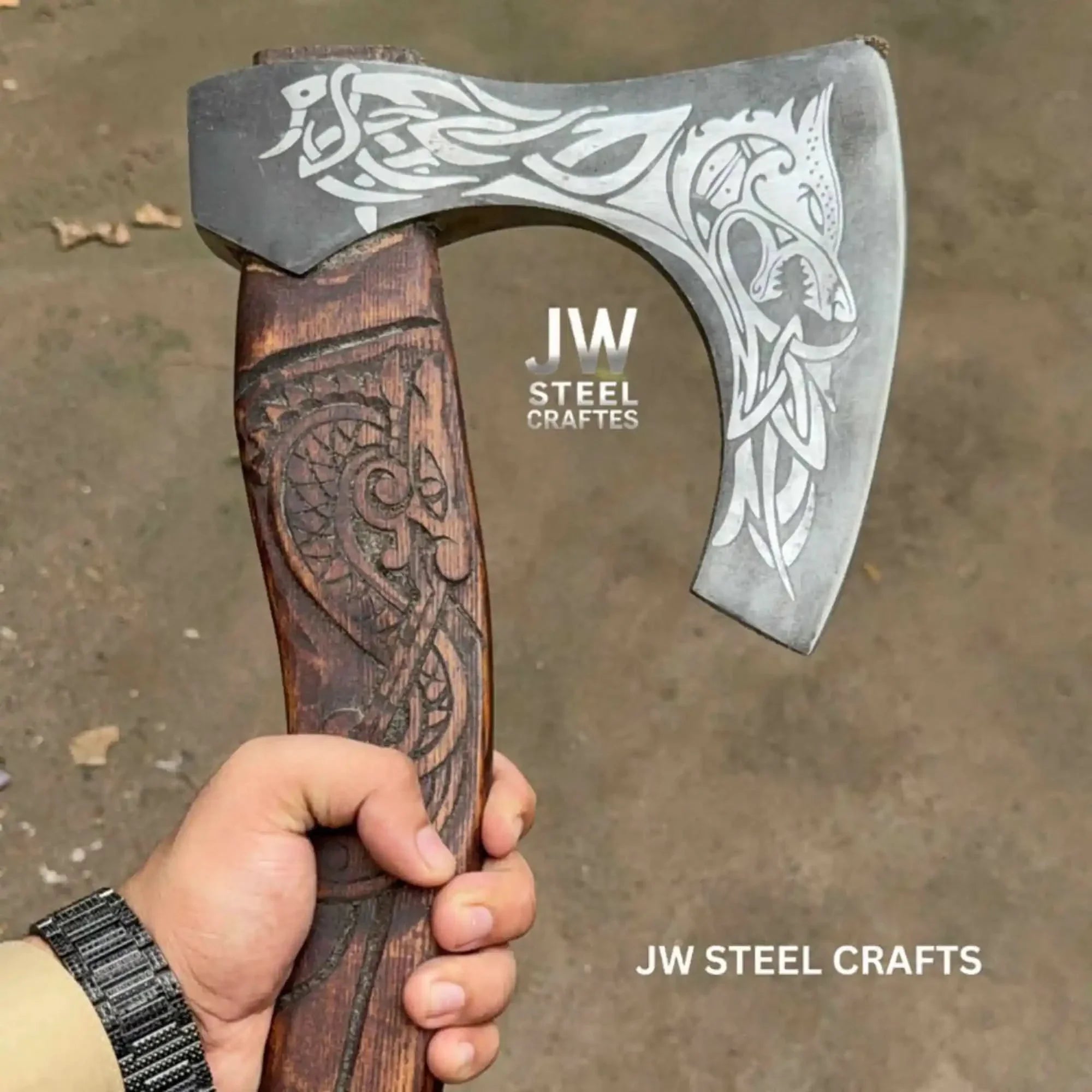 Hand-Engraved Viking Bearded Axe with Carved Hardwood Handle – Damascus Steel Blade | JW SteelCrafts