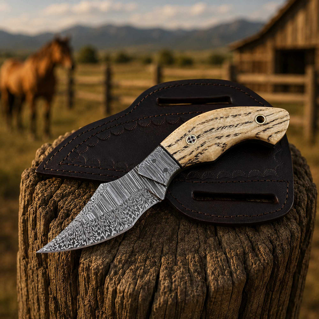 Damascus EDC Cowboy Knife Ashwood Handle