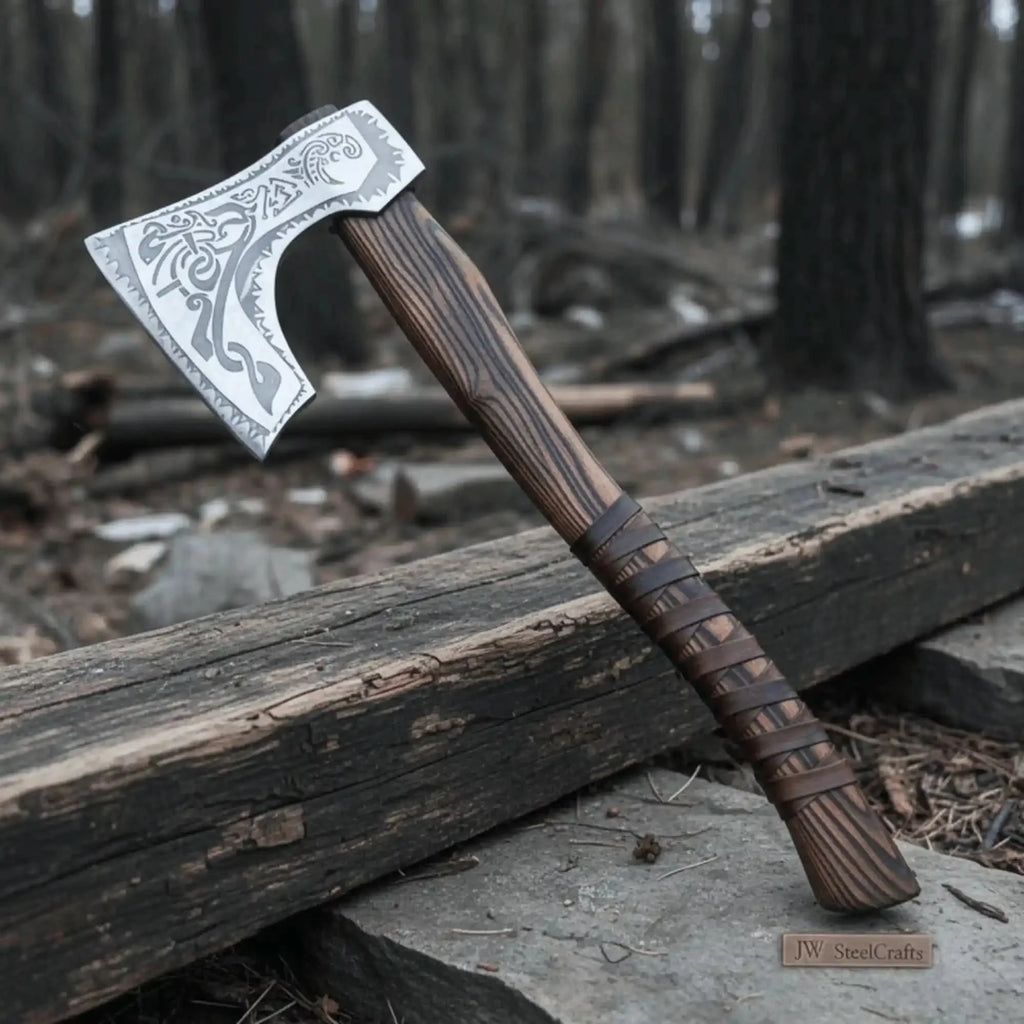 Engraved Carbon Steel Ragnar Axe with Bearded Head