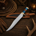 Australian Outback Bowie Knife by SHAM KNIVES featuring D2 steel blade, blue resin, and stacked leather handle.