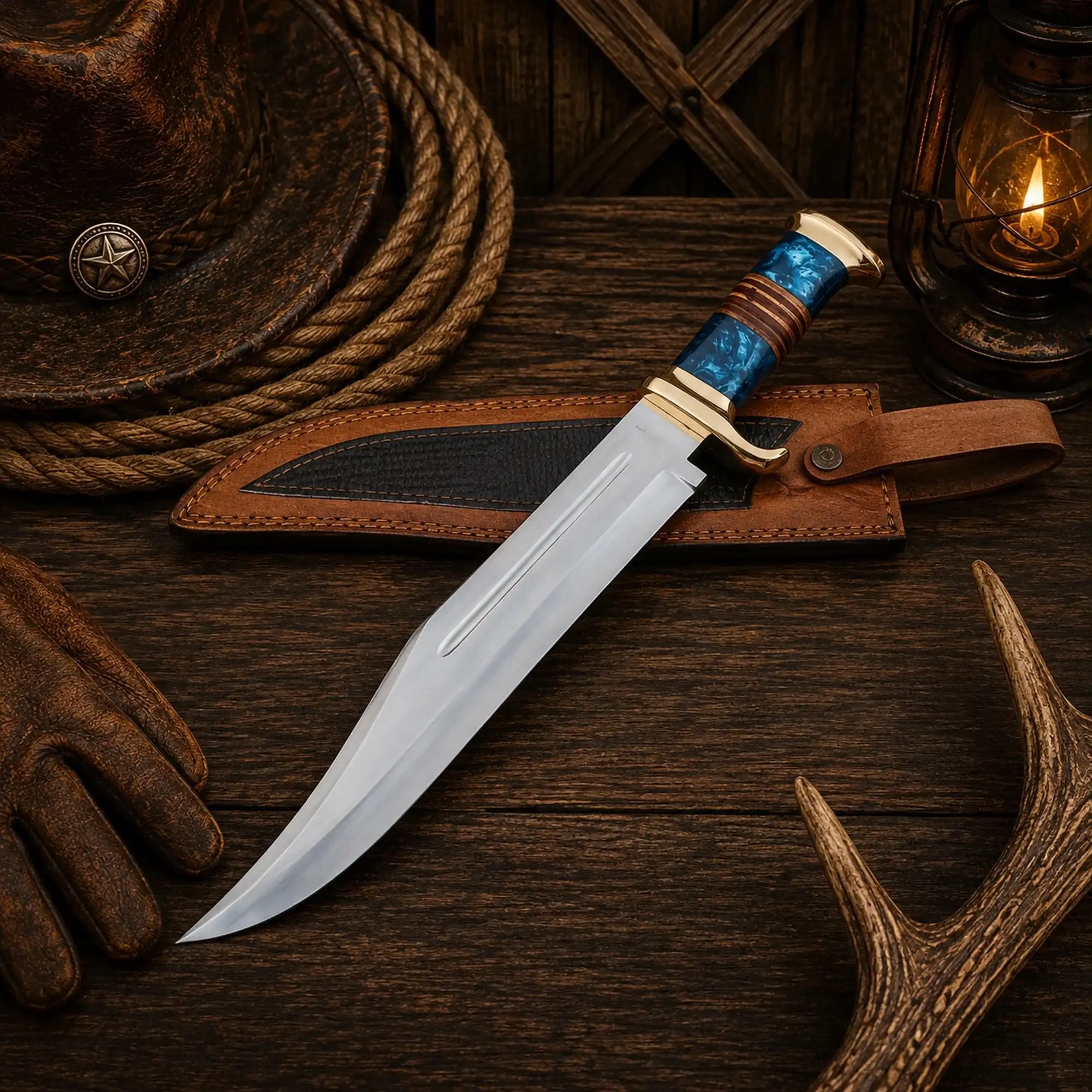 Australian Outback Bowie Knife by SHAM KNIVES featuring D2 steel blade, blue resin, and stacked leather handle.