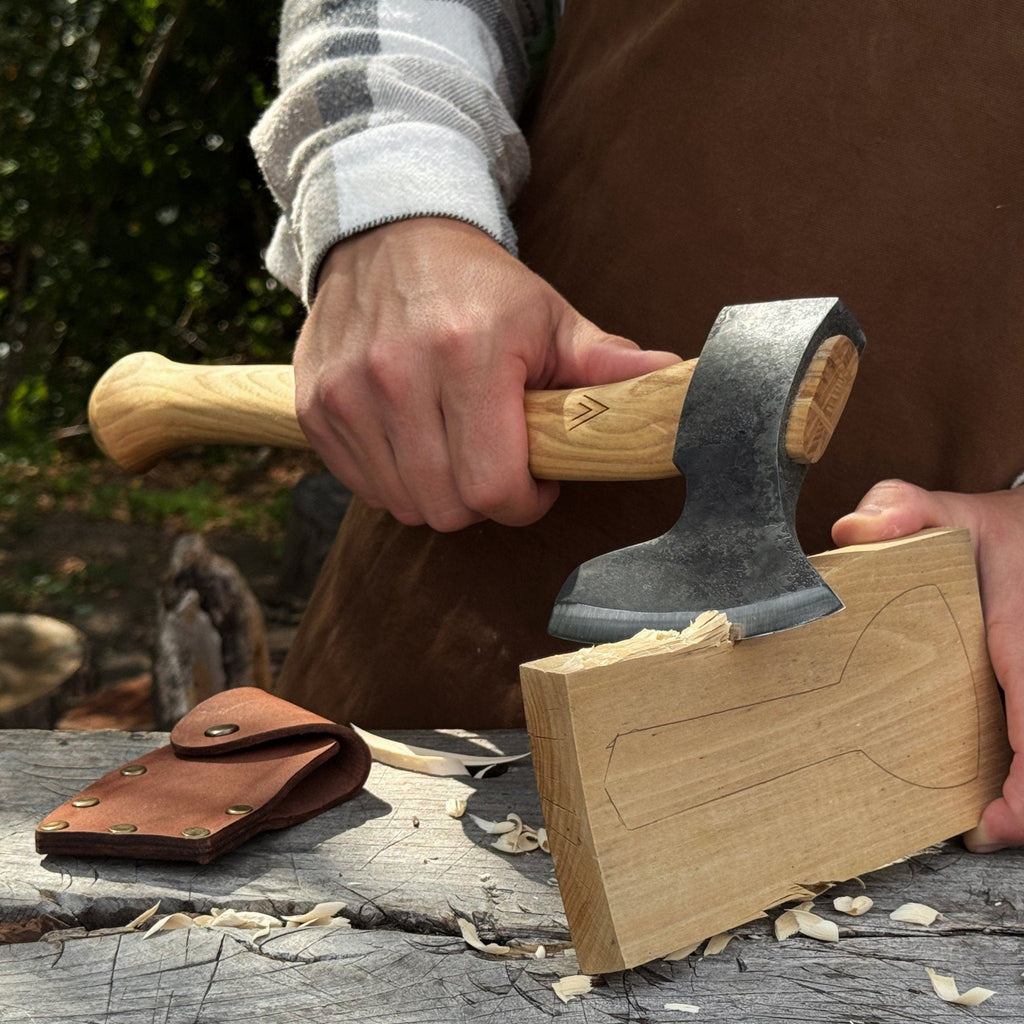 Sharky Forged Steel Tools axe with leather sheath | Relic & Reel