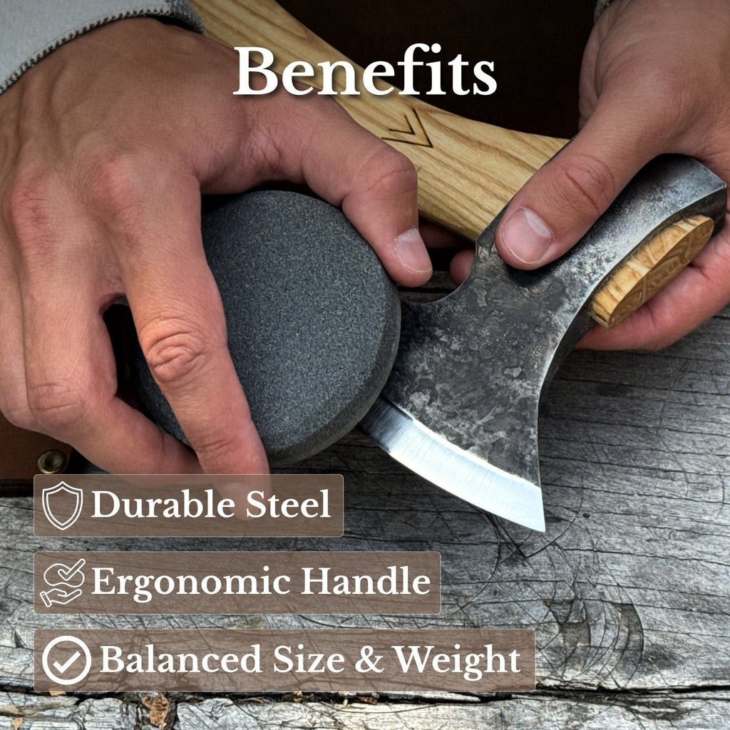 Axe with leather sheath being sharpened - Sharky Forged Steel Tools | Relic & Reel
