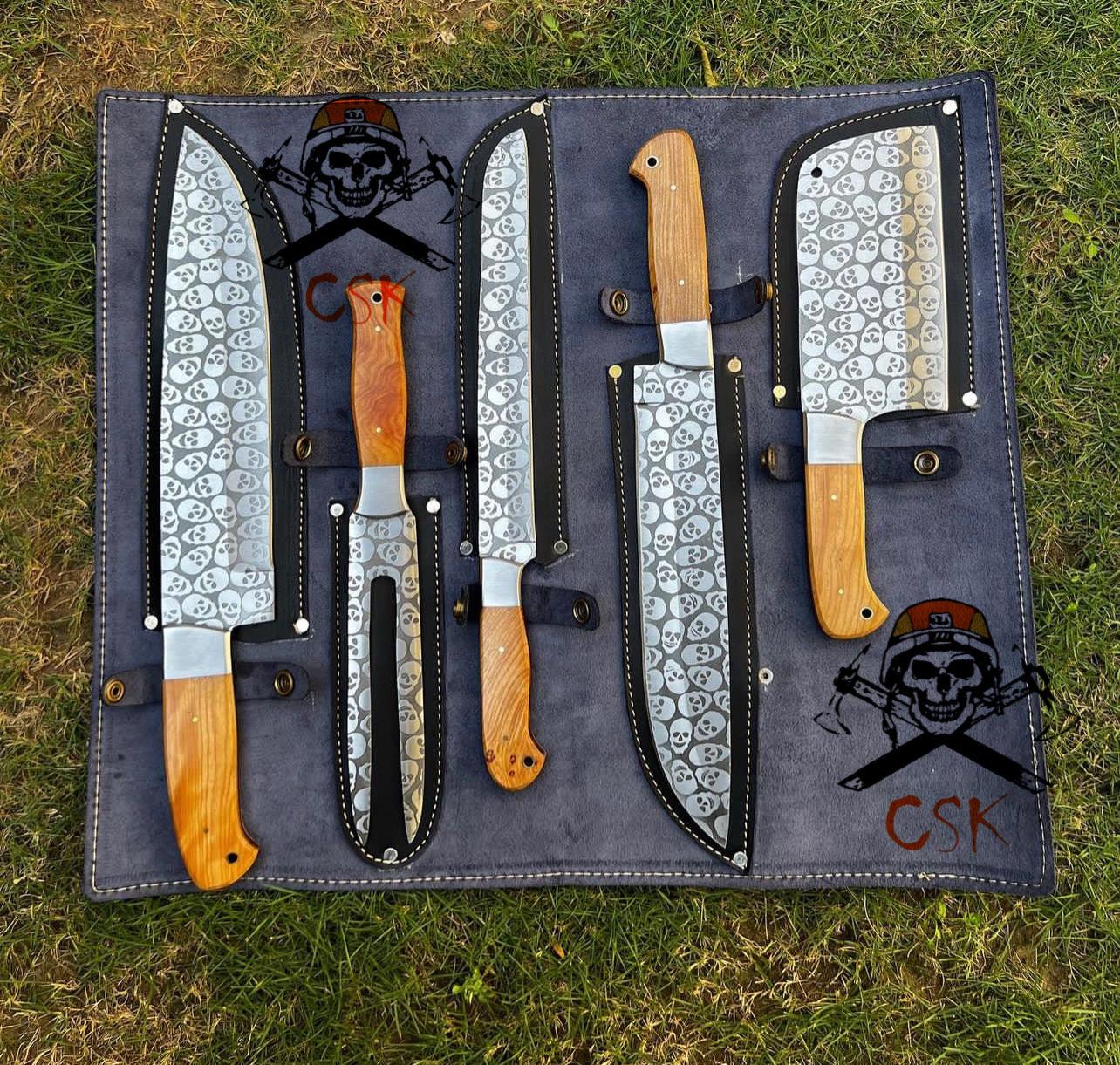 5 pieces Custom made D2 steel laser Etched Blades chef knives set