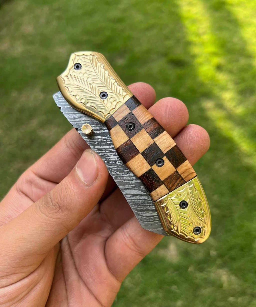 Custom handmade Damascus steel Tanto blade EDC folding pocket knife by cskforged, showing the detailed blade and handle design.