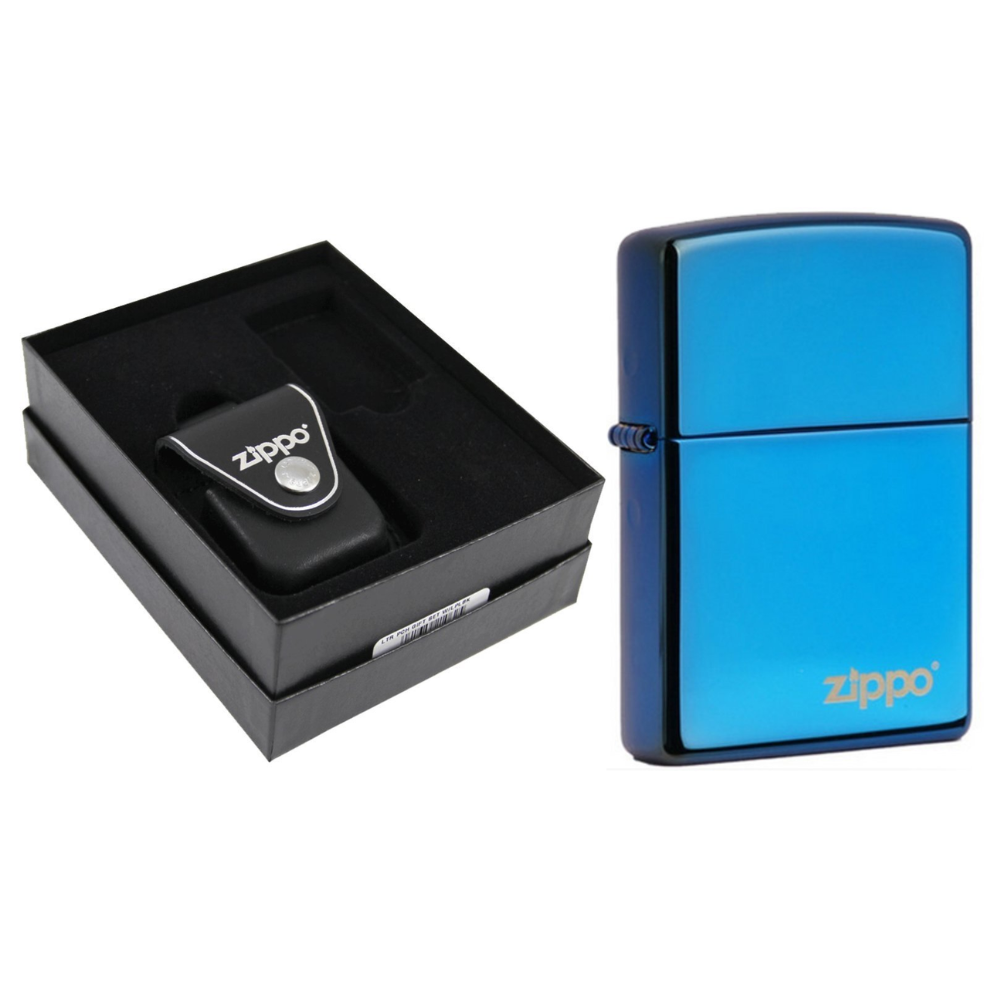 Zippo Sapphire Blue Logo & Leather Pouch Gift Set #LPGS-LPLBK-20446ZL