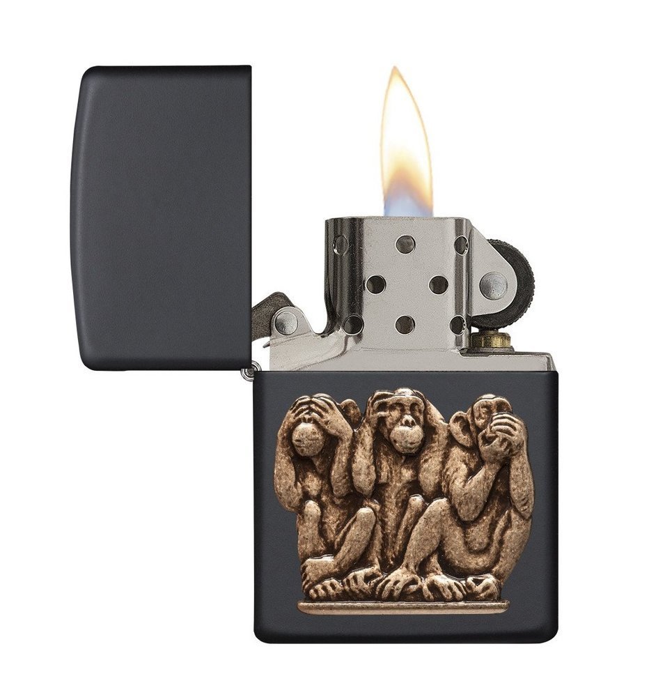 Zippo Three Monkeys Brass Emblem See No Evil, Black Matte Lighter #29409