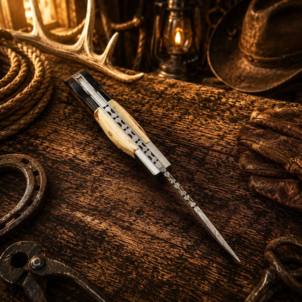 SHAM KNIVES Damascus folding pocket knife with antler handle and black resin back lock, ideal for everyday carry and outdoor use.