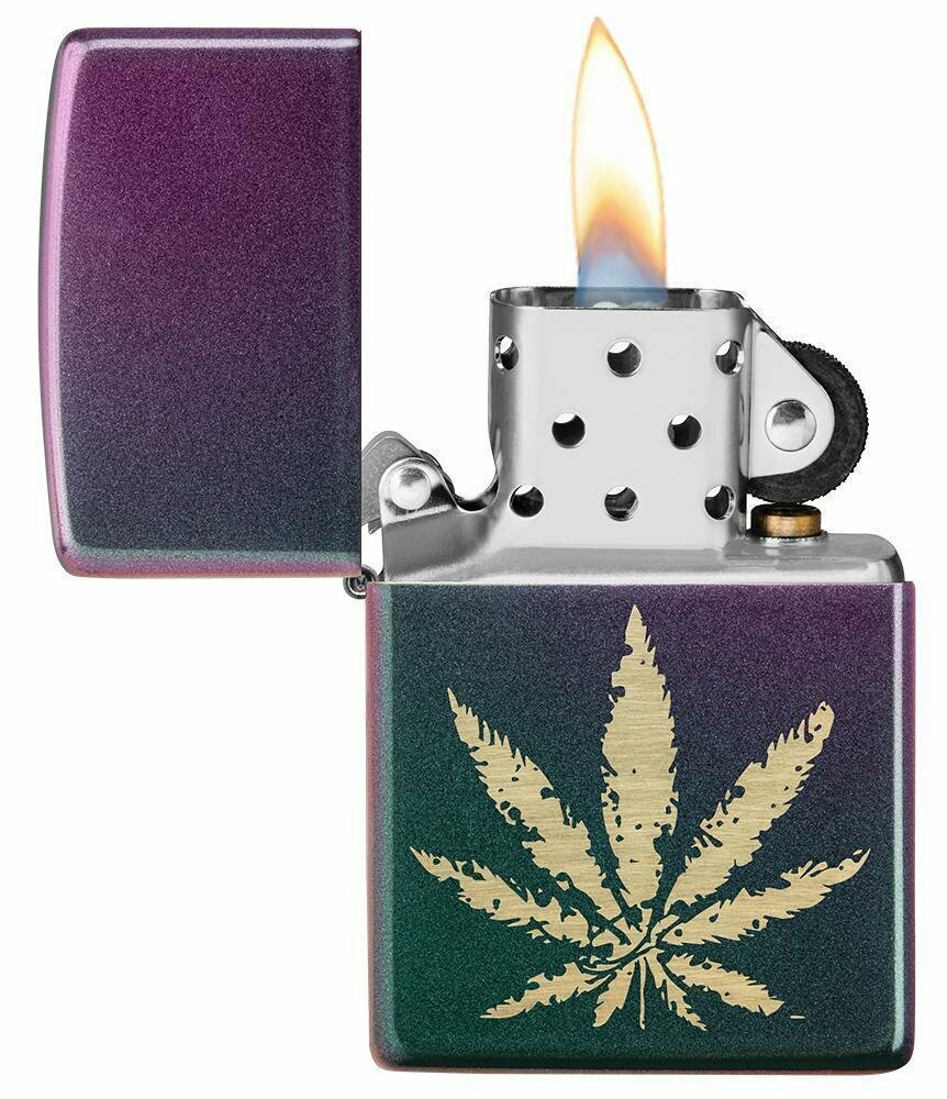 Zippo Brass Marijuana Leaf on Violet Satin, Iridescent Lighter #49185
