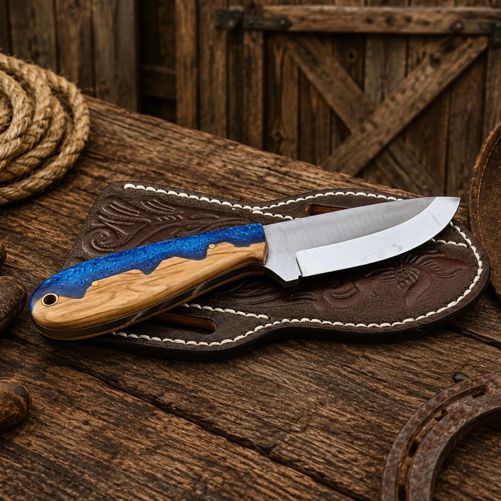 Belt Sheath Working Knife – D2 Steel Blue Resin & Wood Handle