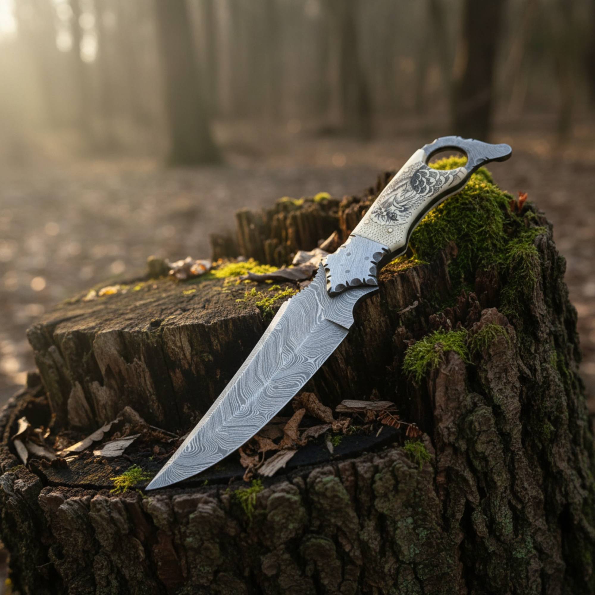 Biker Ringtail Knife Damascus Camel Bone EDC